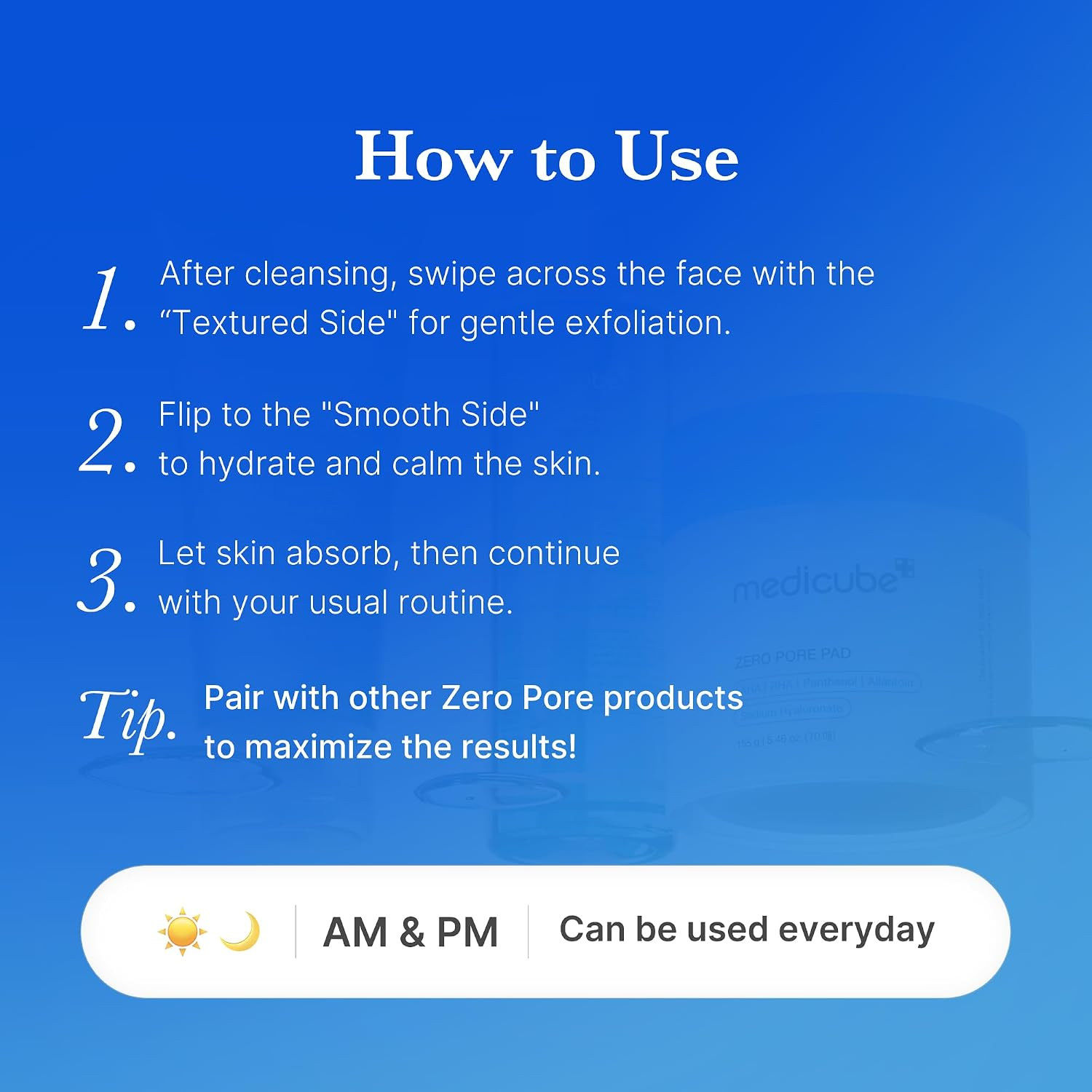 Medicube Zero Pore Pad directions showing textured side followed by smooth side