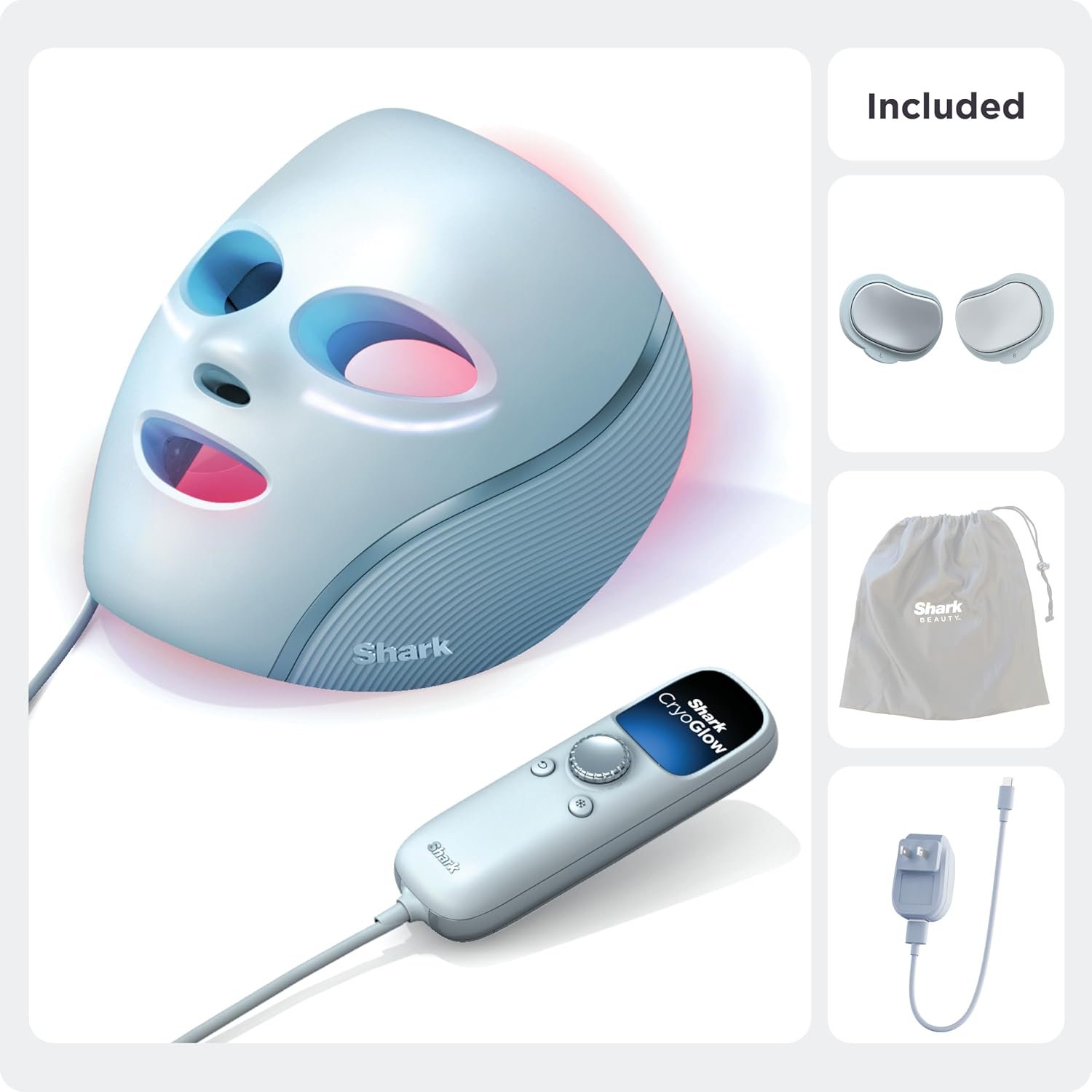 Shark CryoGlow mask, controller, cooling inserts, storage bag, and charger